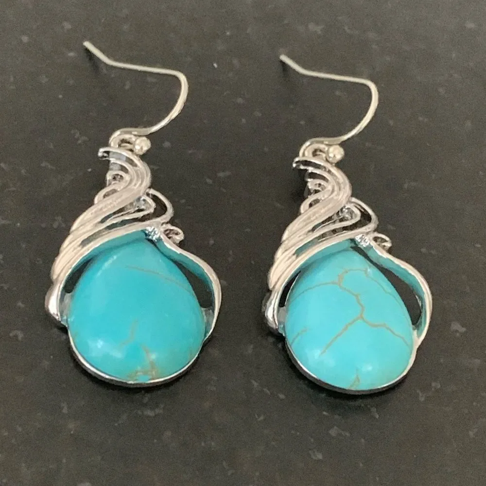 Western Southwestern Silver & Faux Turquoise Color Drop Earrings